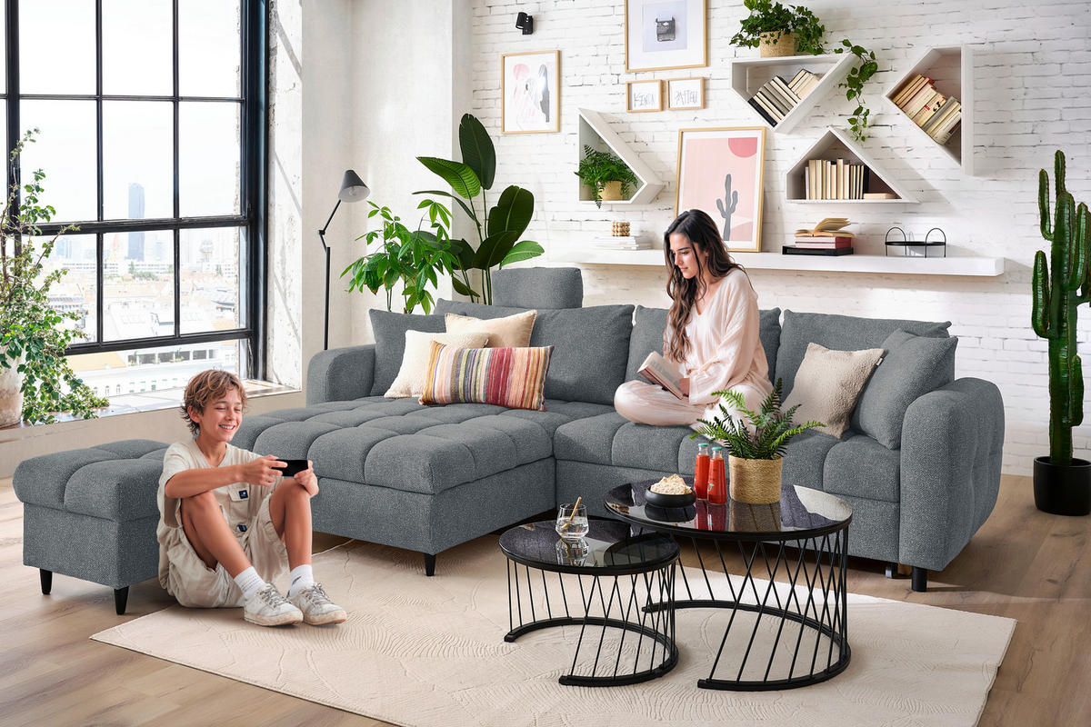 ECKSOFA inkl. Funktionen Grau, Grün Velours  - Schwarz/Grau, MODERN, Holz/Textil (282/184cm) - Lomoco
