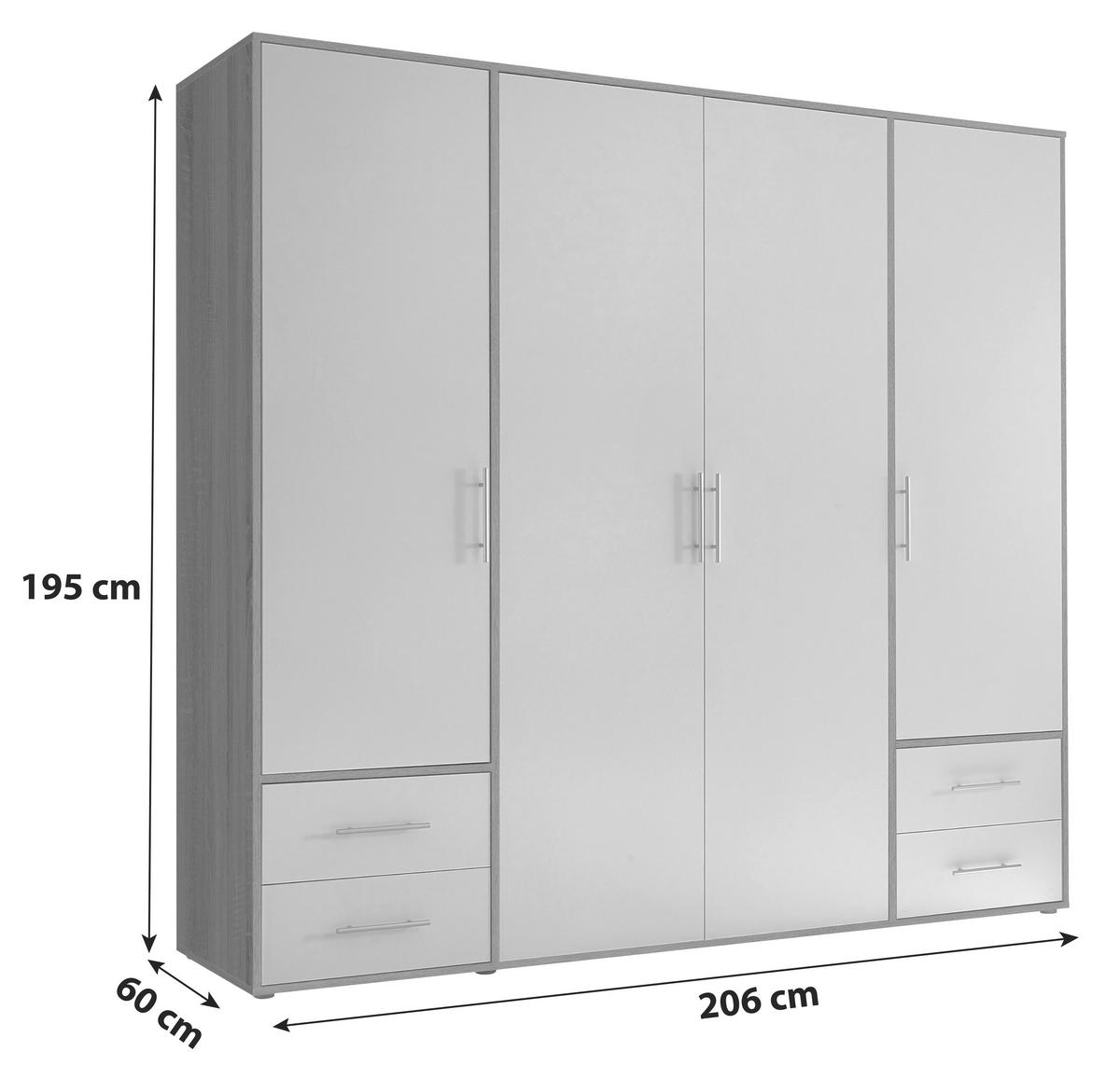 GARDEROB MED GÅNGJÄRN 206/195/60 cm 4-dörrar - vit/Sonoma ek, Modern, trämaterial/plast (206/195/60cm) - MID.YOU