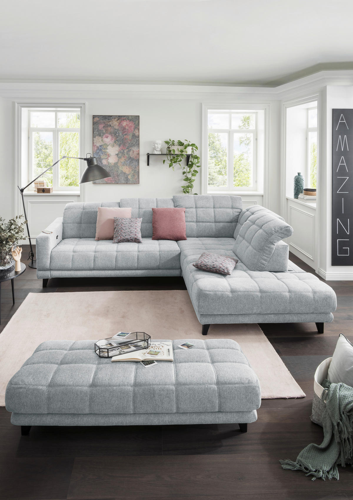 ECKSOFA  in Webstoff Hellgrau  302/216 cm  - Hellgrau/Schwarz, Design, Holz/Textil (302/216cm) - Xora