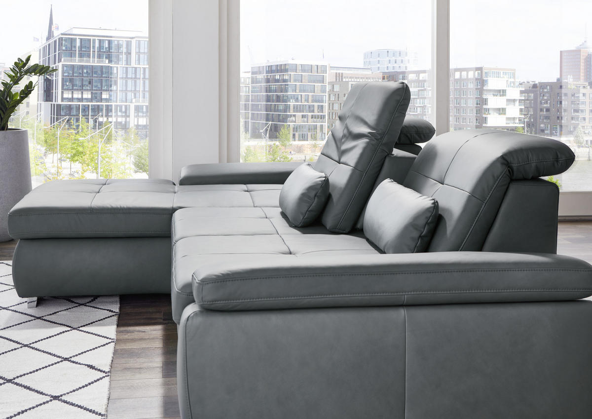 ECKSOFA in Echtleder Grau  - Alufarben/Grau, Design, Leder/Metall (195/309cm) - Beldomo Premium