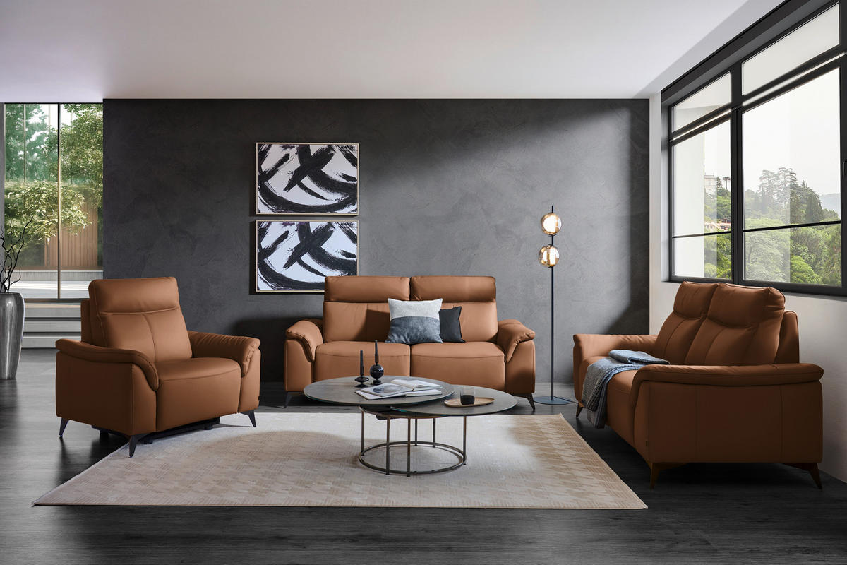 3-SITZER-SOFA Echtleder Cognac  - Cognac/Schwarz, Design, Leder/Metall (207/107/98cm) - Belluti