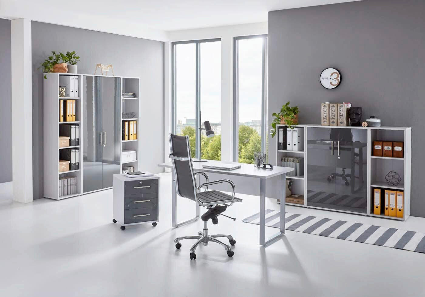 BÜRO erweiterbar, abschließbar Grau, Anthrazit Hochglanz - Anthrazit Hochglanz/Grau, MODERN, Holzwerkstoff/Metall - MID.YOU
