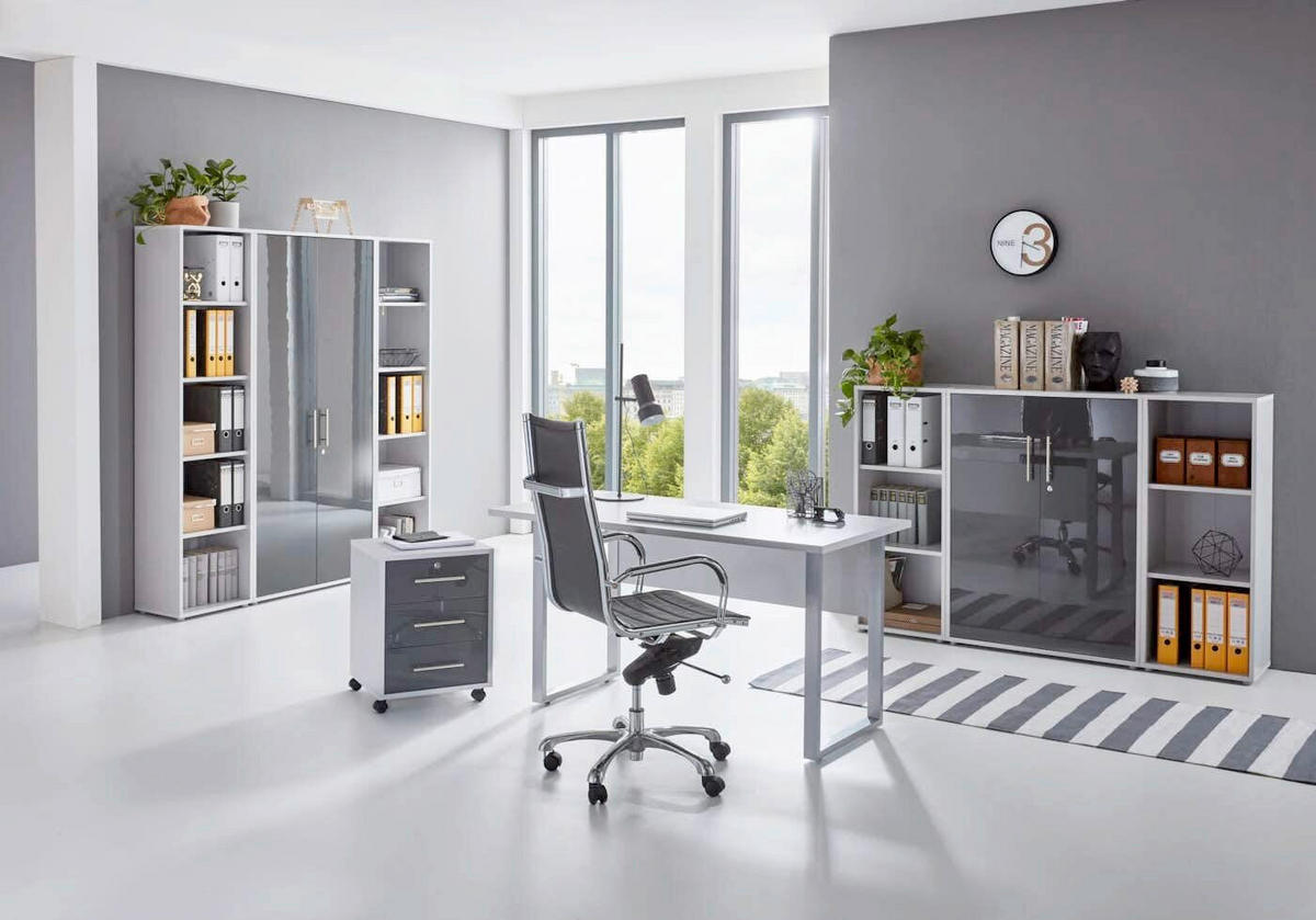 BÜRO erweiterbar, abschließbar Grau, Anthrazit Hochglanz - Anthrazit Hochglanz/Grau, MODERN, Holzwerkstoff/Metall - MID.YOU