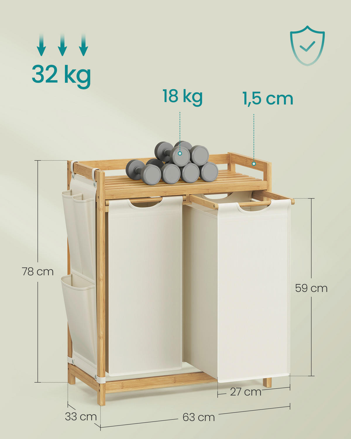 KÔŠ NA BIELIZEŇ, écru - écru, Basics, textil/prírodné materiály (63/78/33cm)