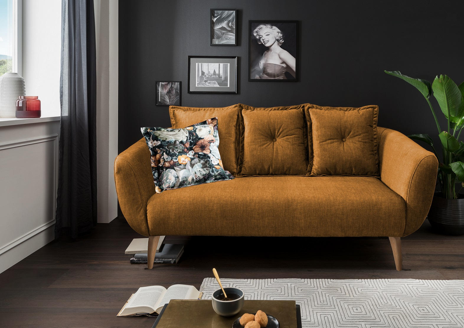 2,5-SITZER Velours Gelb, Multicolor  - Gelb/Buchefarben, MODERN, Holz/Textil (196/94/103cm) - Livetastic