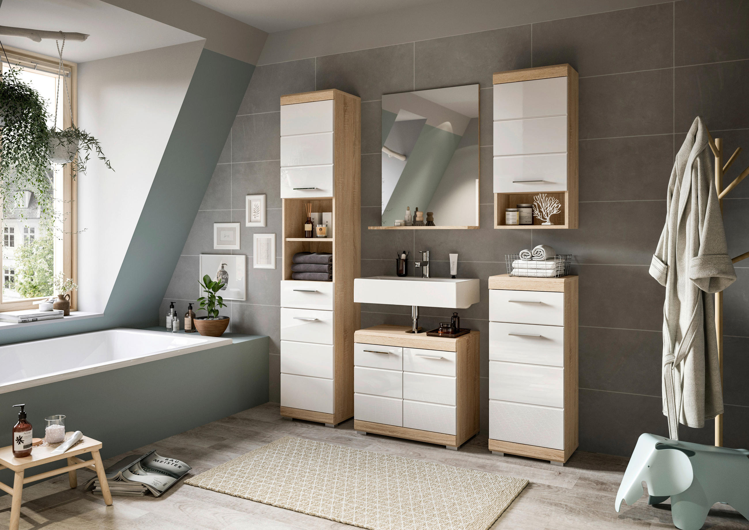 MIDISCHRANK 74/88/31 cm  - Weiß Hochglanz/Eichefarben, MODERN, Holzwerkstoff/Kunststoff (74/88/31cm) - MID.YOU