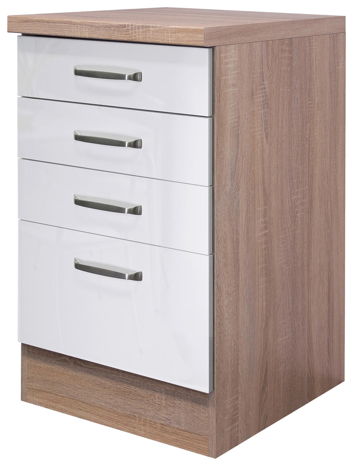 SCHUBKASTENUNTERSCHRANK 50/86/60 cm  in Sonoma Eiche, Weiß Hochglanz  - Edelstahlfarben/Weiß Hochglanz, MODERN, Holzwerkstoff/Metall (50/86/60cm) - FlexWell