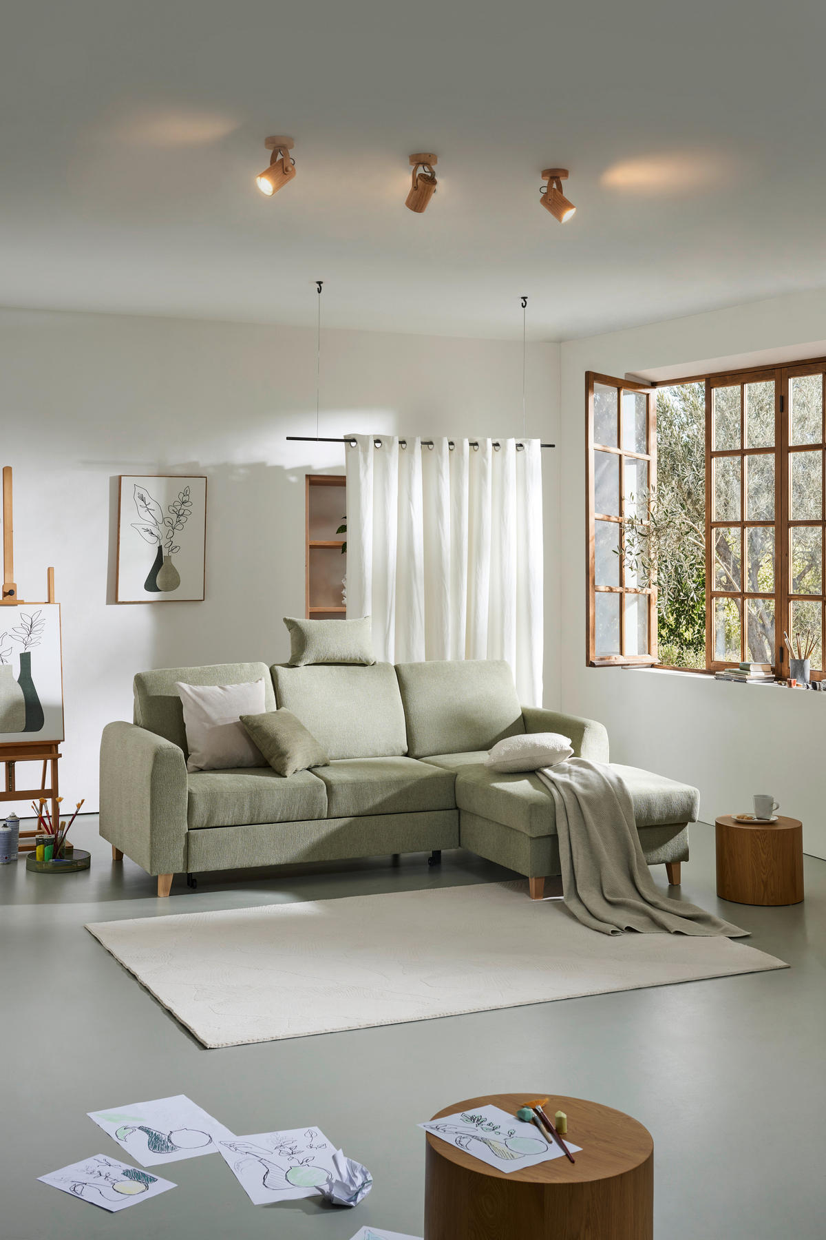 ECKSOFA Hellgrün Flachgewebe  - Buchefarben/Hellgrün, KONVENTIONELL, Holz/Textil (241/166cm) - Carryhome