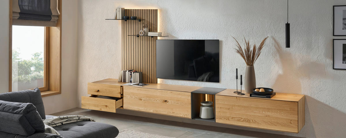 WOHNWAND  in Anthrazit, Eichefarben  342/204/50 cm LED-Leuchtmittel   - Eichefarben/Anthrazit, Design, Glas/Holz (342/204/50cm) - Dieter Knoll
