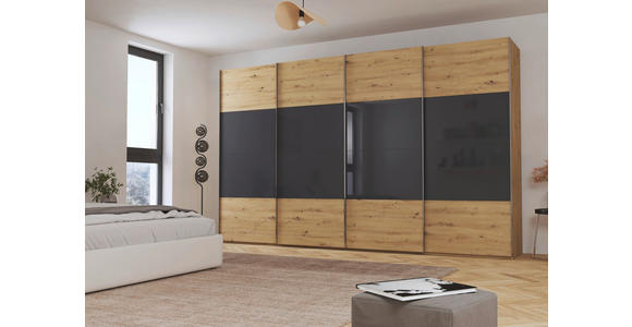 SCHWEBETÜRENSCHRANK  in Schwarz, Eiche Artisan  - Chromfarben/Schwarz, KONVENTIONELL, Glas/Holzwerkstoff (361/235/68cm) - Novel