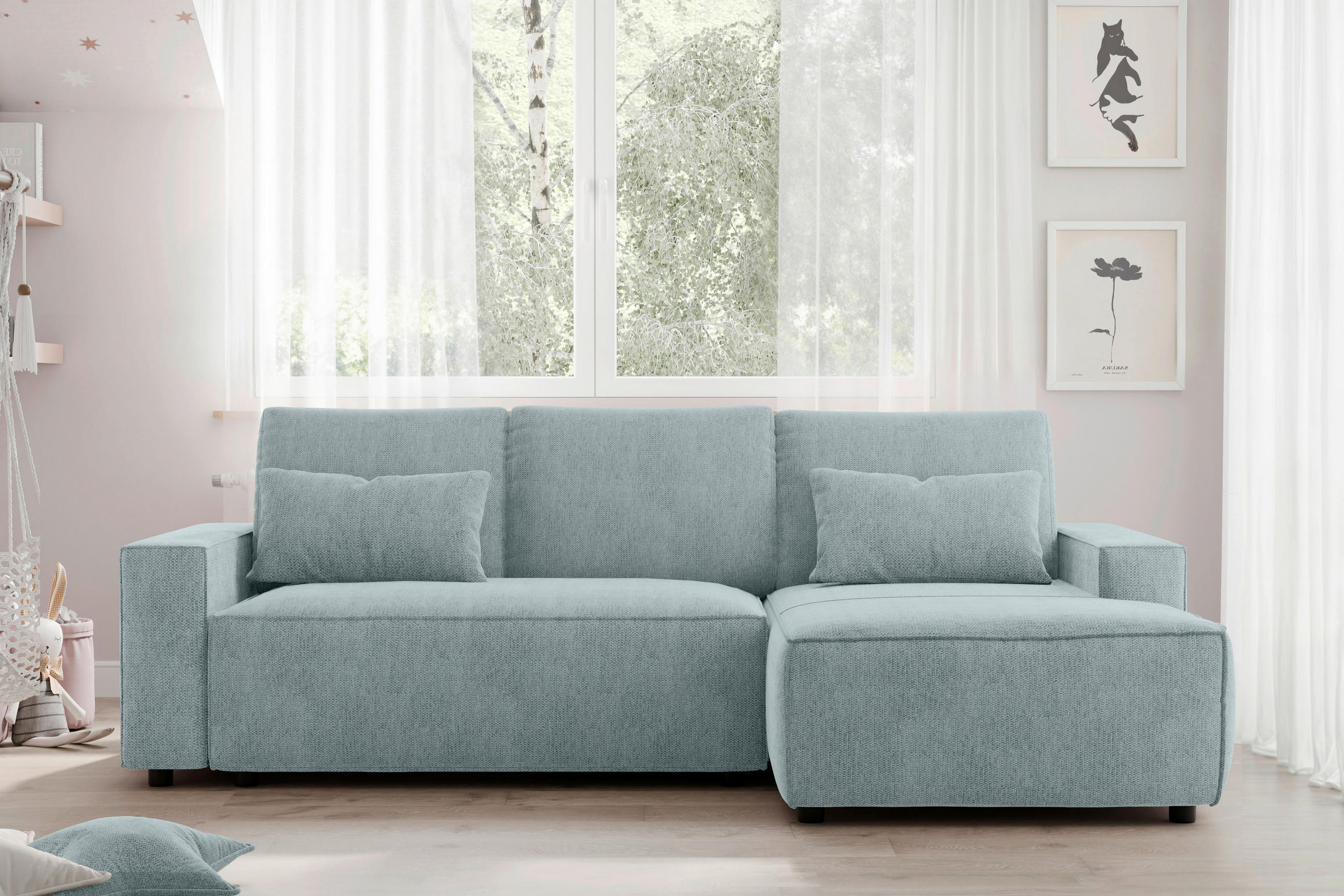ECKSCHLAFSOFA  mit seitenverkehrt erhältlich, Rücken echt Chenille Mintgrün  - Schwarz/Mintgrün, MODERN, Kunststoff/Textil (247/154cm) - Livetastic