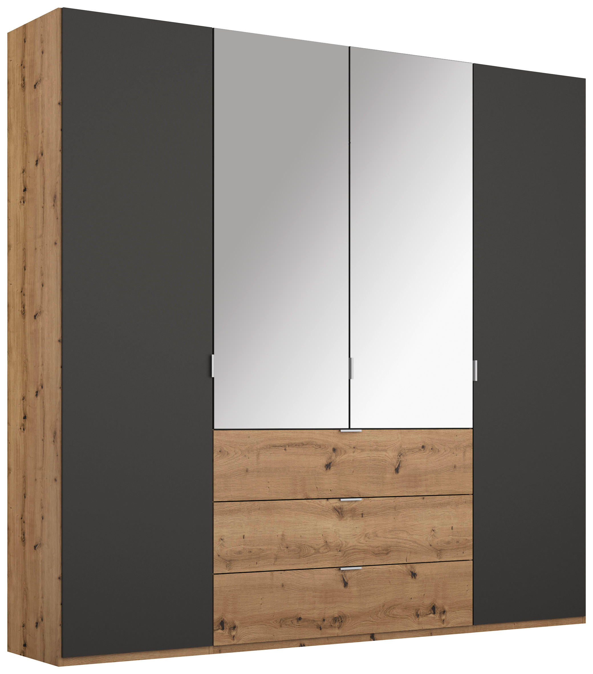 DREHTÜRENSCHRANK 4-türig Graphitfarben, Eichefarben  - Eichefarben/Alufarben, Trend, Glas/Holzwerkstoff (201/223/60cm) - Stylife