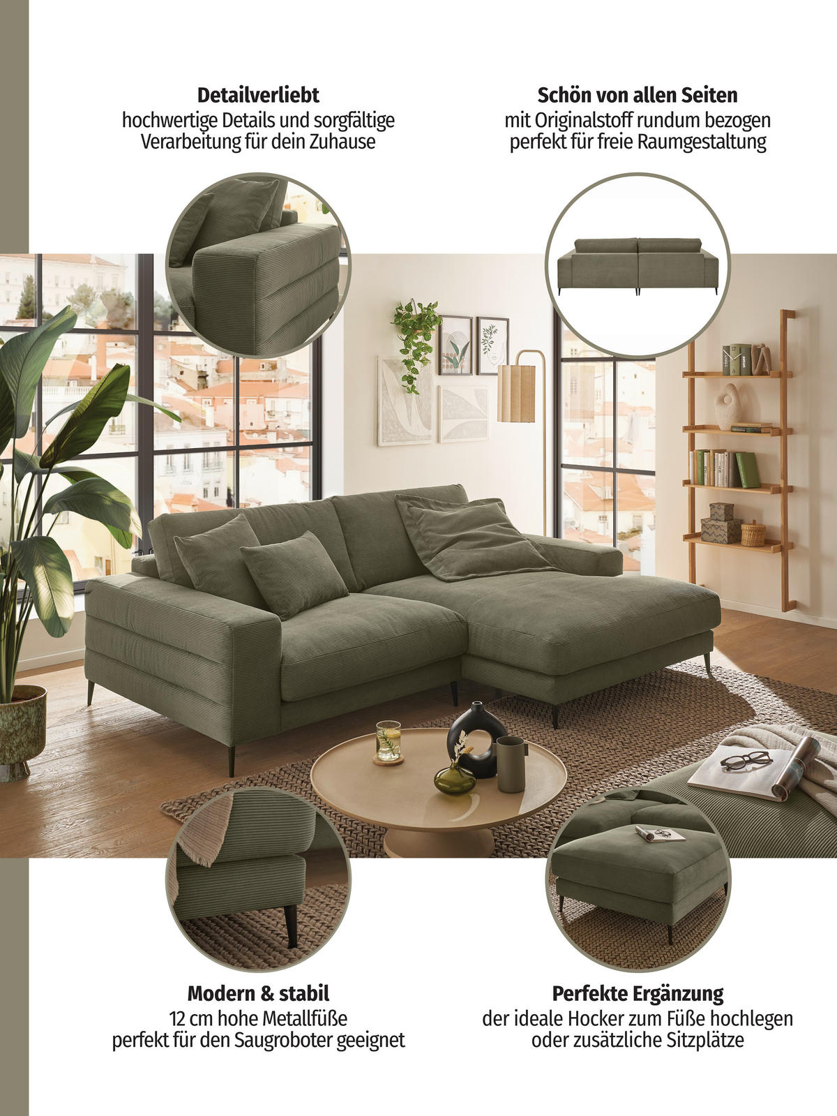 ECKSOFA in Feincord Olivgrün  - Schwarz/Olivgrün, Design, Textil/Metall (177/253cm) - Dieter Knoll