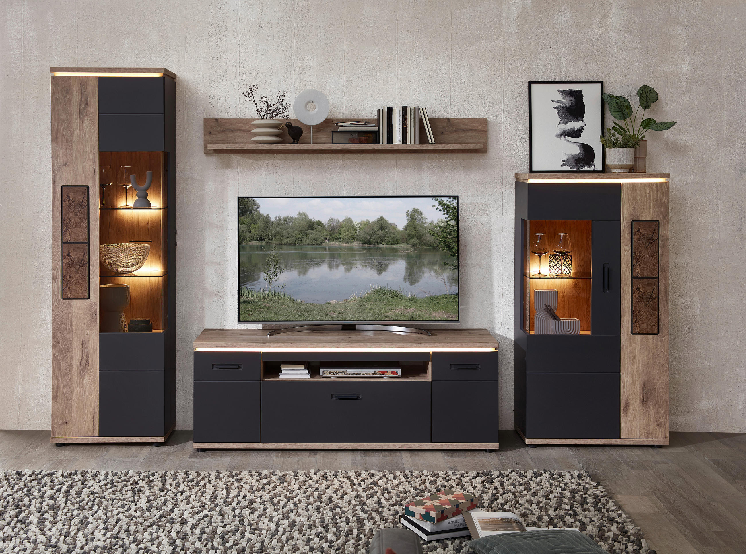 DNEVNI REGAL, barve grafita, barve hrasta - črna/barve hrasta, Moderno, kovina/steklo (325/202/47cm) - Stylife