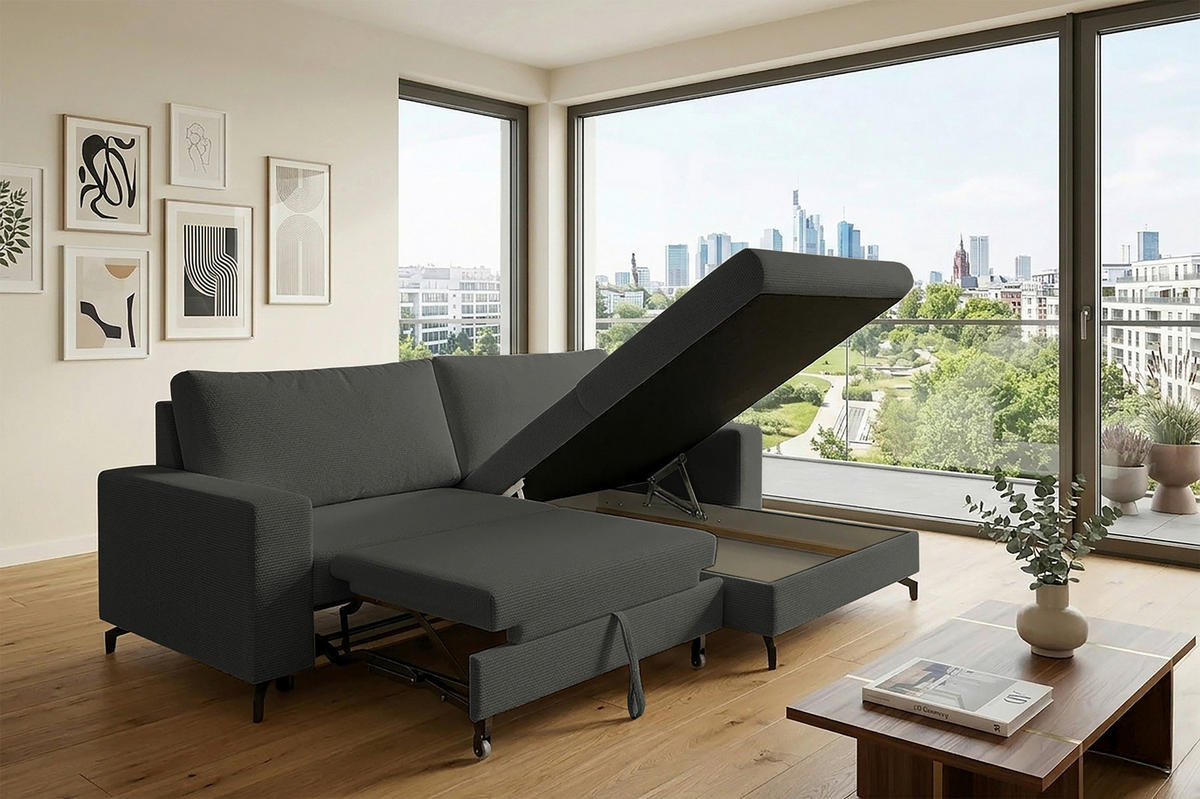ECKSOFA CLARA Anthrazit Rückenkissen, Bettkasten, Liegefläche im Originalstoff  - Anthrazit, MODERN, Textil (240/177cm) - P & B