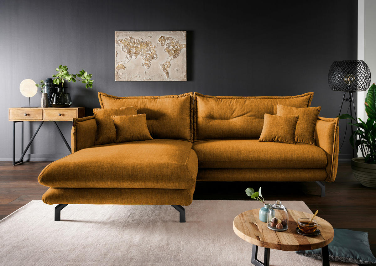ECKSOFA Gelb Velours  - Gelb/Multicolor, MODERN, Textil/Metall (180/255cm) - Livetastic