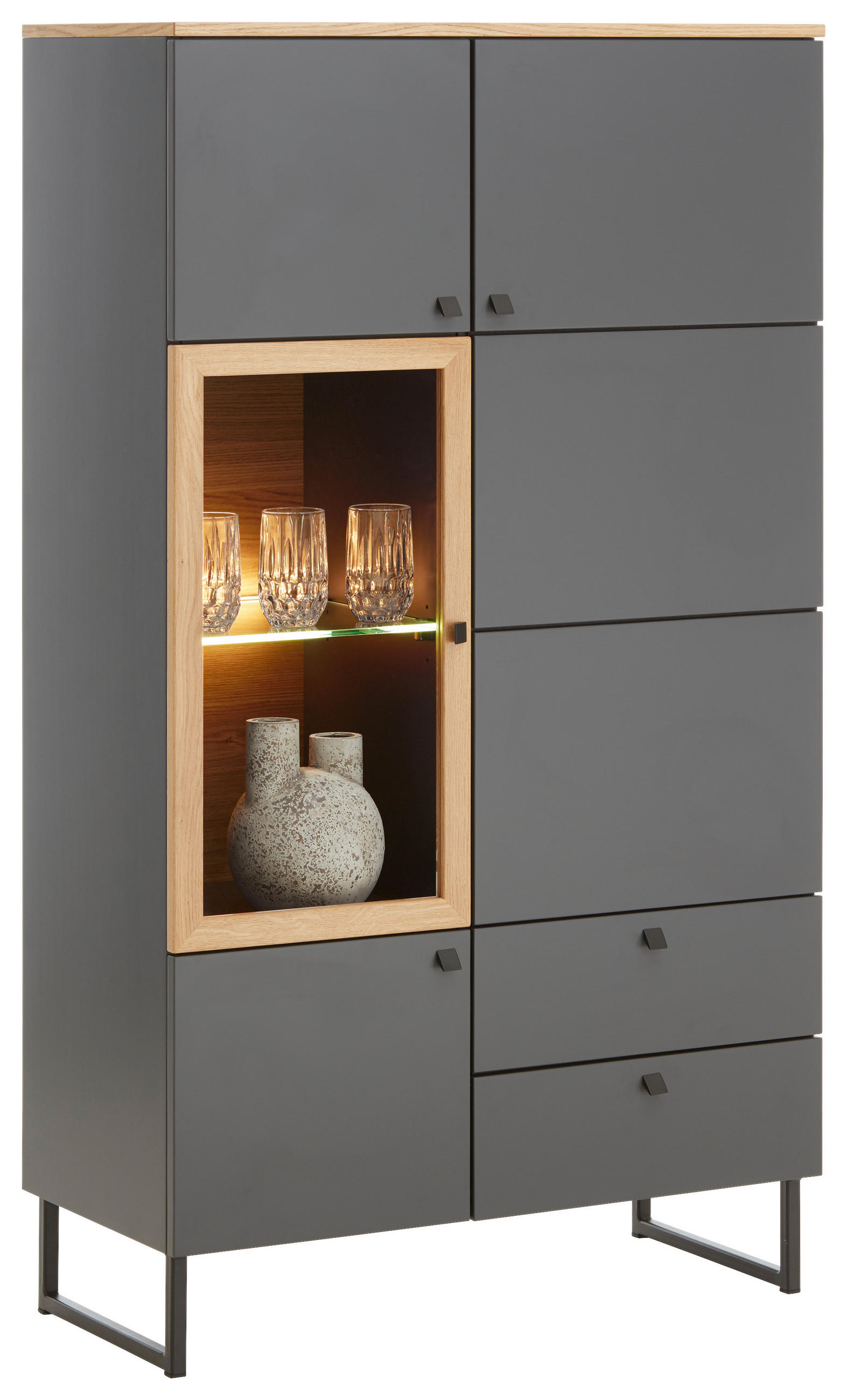 VITRINE in furniert, massiv Eiche Grau, Eichefarben  - Eichefarben/Schwarz, Lifestyle, Glas/Holz (86/158/42cm) - Valdera