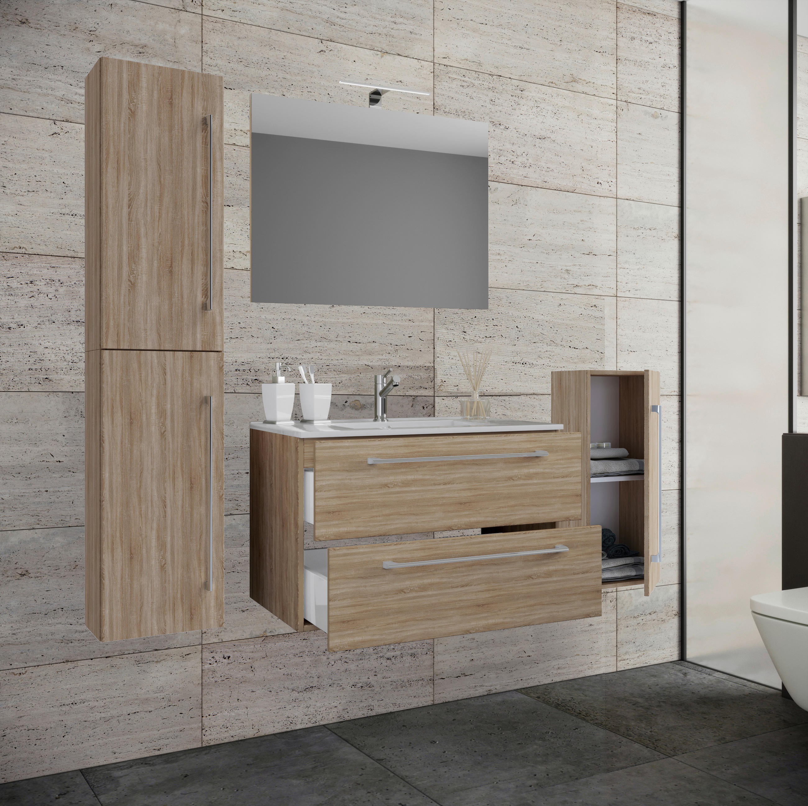 BADEZIMMER 5-teilig  in 126 cm  - Alufarben/Weiß, MODERN, Keramik/Holzwerkstoff (126cm) - MID.YOU