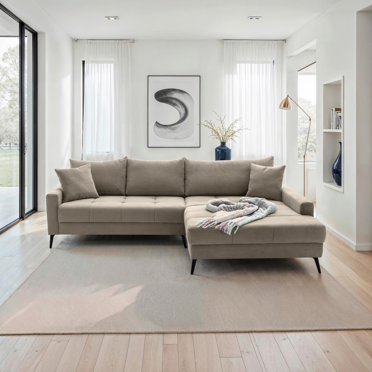 ECKSOFA Taupe Cord  - Taupe/Schwarz, KONVENTIONELL, Textil/Metall (280/173cm) - Hom`in