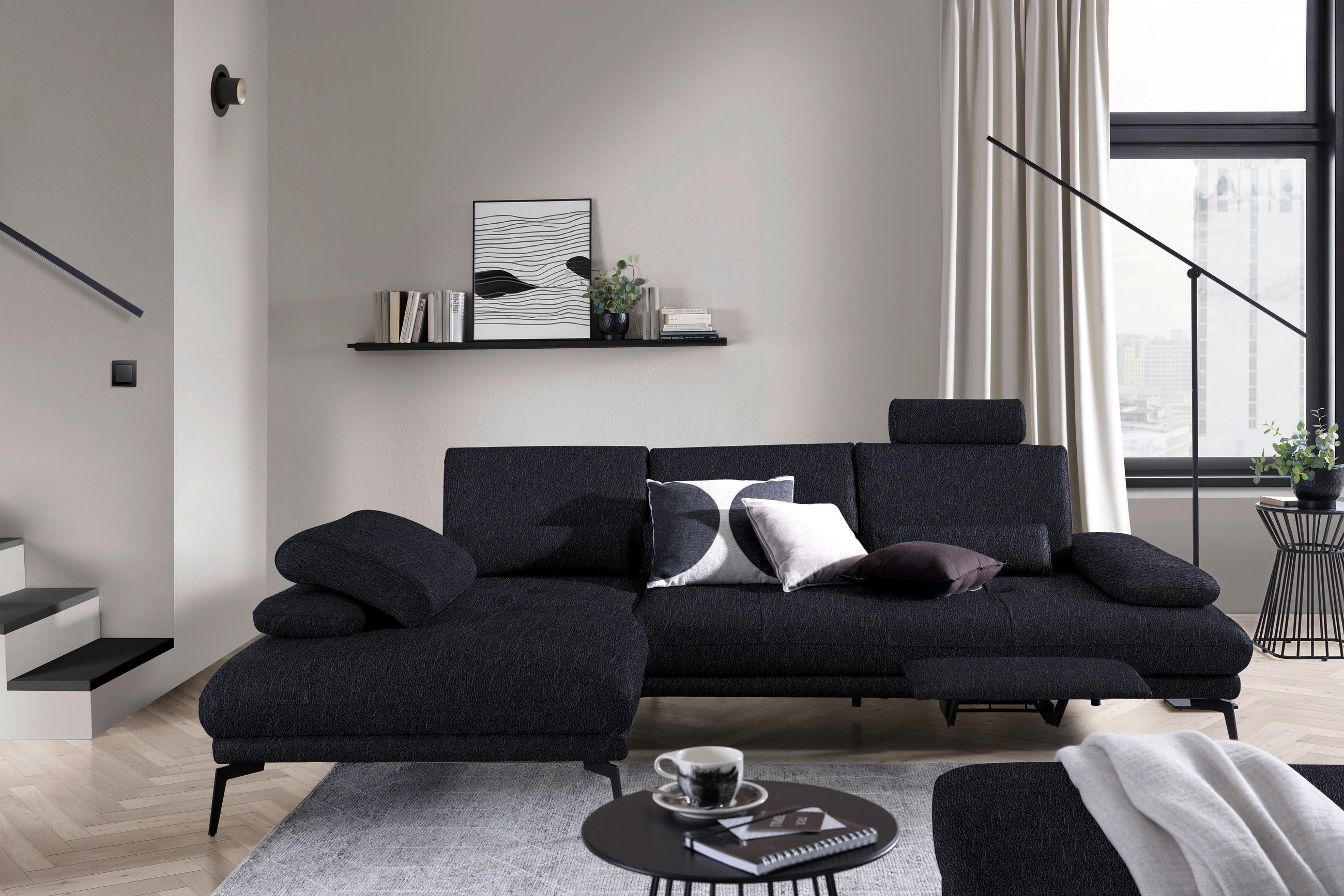 ECKSOFA in Echtleder Schwarz  - Schwarz, Design, Leder/Metall (187/273cm) - Celina Home