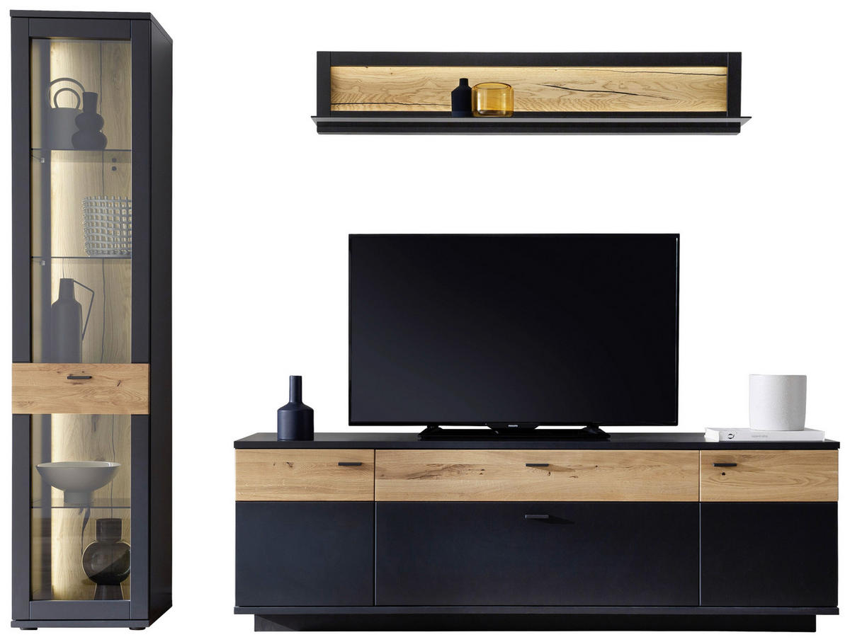 Set Mobilă Living, gri, stejar sălbatic, 250/201/50 cm - stejar sălbatic/negru, Design, sticlă/metal (250/201/50cm) - Novel