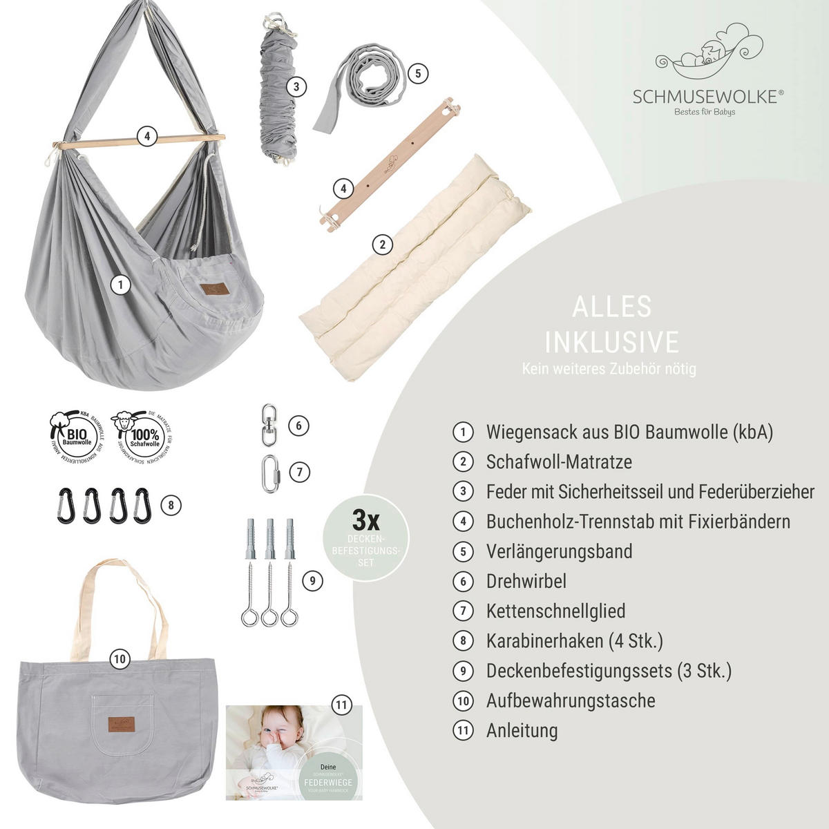 FEDERWIEGE Set inkl. Deckenbefestigung  137/30/147 cm  - Grau, Basics, Holz/Textil (137/30/147cm) - SCHMUSEWOLKE