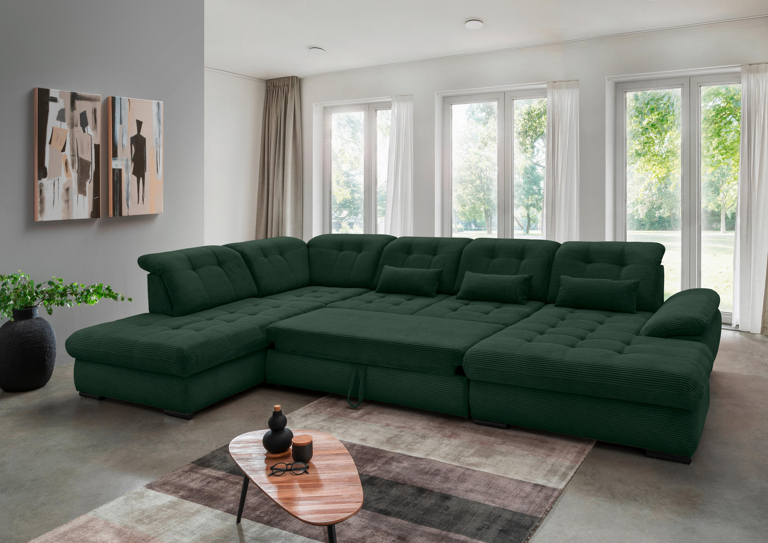 WOHNLANDSCHAFT in Cord Dunkelgrün  - Dunkelgrün/Schwarz, Modern, Textil/Metall (252/387/184cm) - Livetastic