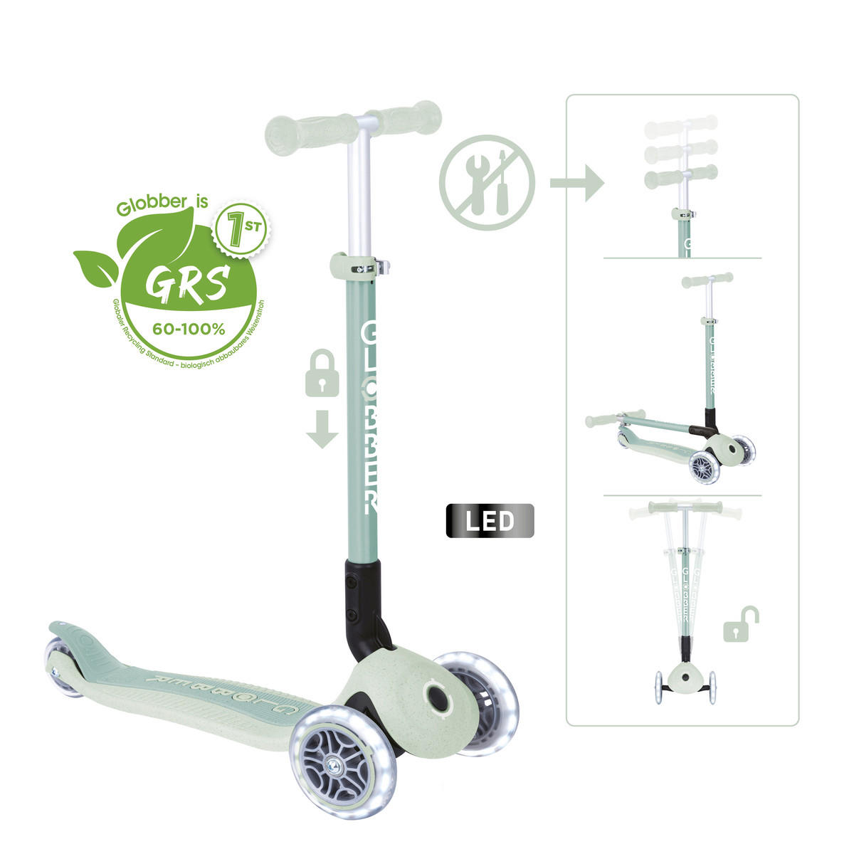 KINDERSCOOTER PRIMO FOLDABLE LIGHTS ECO - Pastellgrün, LIFESTYLE, Kunststoff/Metall (57,5/28/77,5cm) - GLOBBER