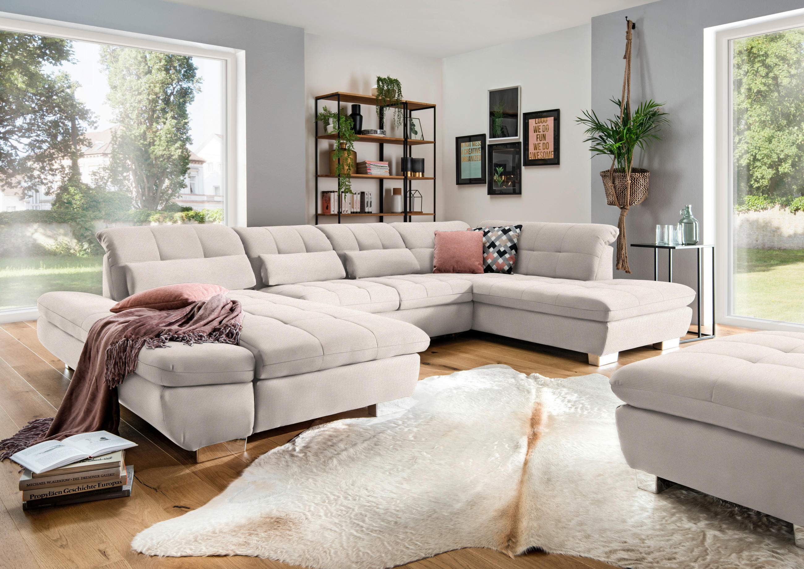 WOHNLANDSCHAFT in Mikrofaser Ecru  - Chromfarben/Ecru, Design, Kunststoff/Textil (204/350/211cm) - Xora