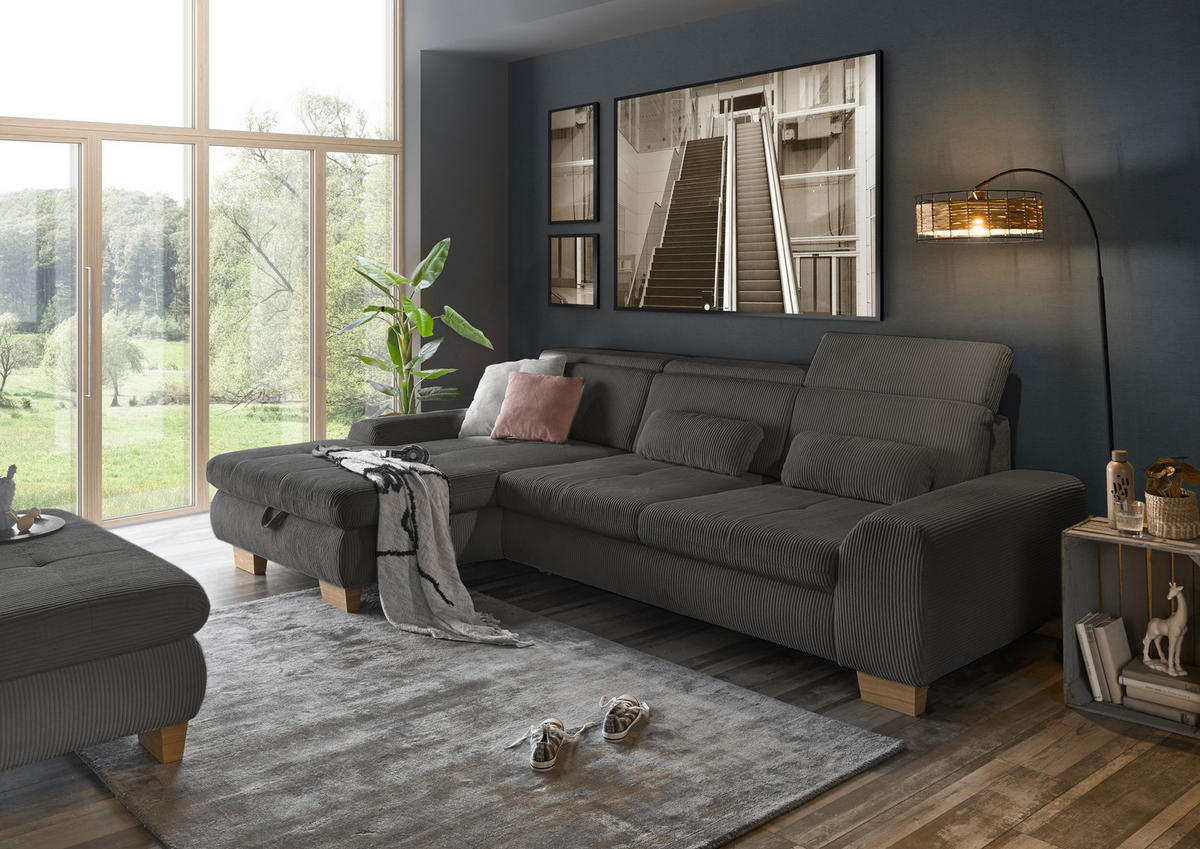 ECKSOFA Anthrazit Cord  - Eiche Bianco/Anthrazit, KONVENTIONELL, Holz/Textil (195/307cm) - SetOne by Musterring