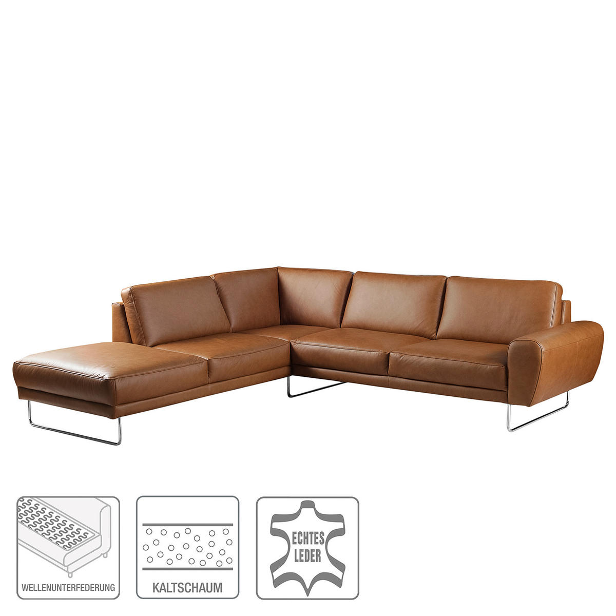 ECKSOFA in Echtleder Cognac  250/273 cm  - Chromfarben/Cognac, Design, Leder/Metall (250/273cm) - Livetastic