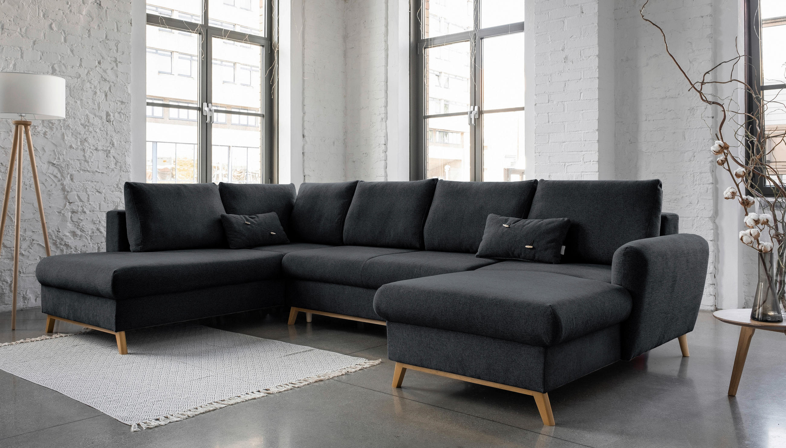WOHNLANDSCHAFT Dunkelgrau Chenille  - Dunkelgrau/Naturfarben, Holz/Textil (202/312/157cm) - MID.YOU