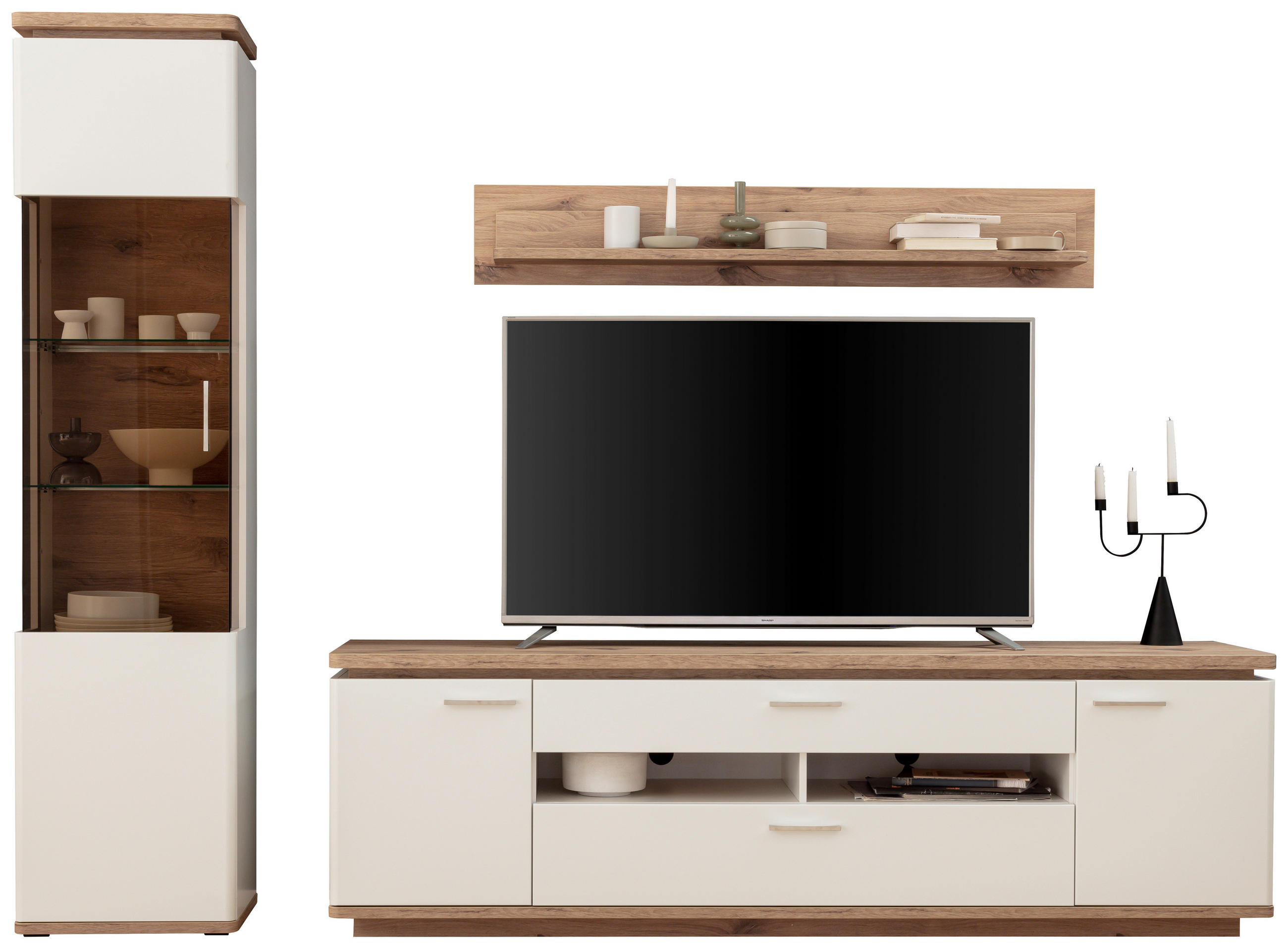 WOHNWAND Tbilisi  in Weiß, Eichefarben  270/208/50 cm  - Eichefarben/Weiß, Design, Glas/Holzwerkstoff (270/208/50cm) - Livetastic