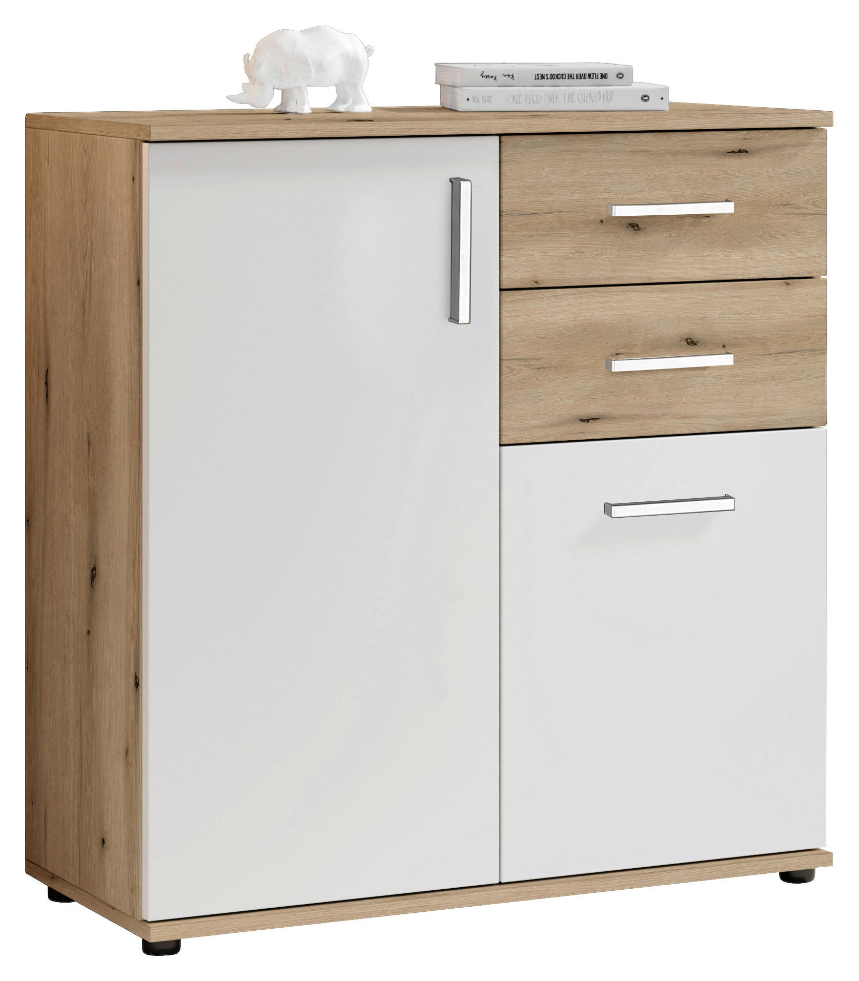 Kommode Basel 80/84/35 cm  in Weiß, Eichefarben  - Eichefarben/Silberfarben, Design, Holzwerkstoff/Kunststoff (80/84/35cm) - MID.YOU