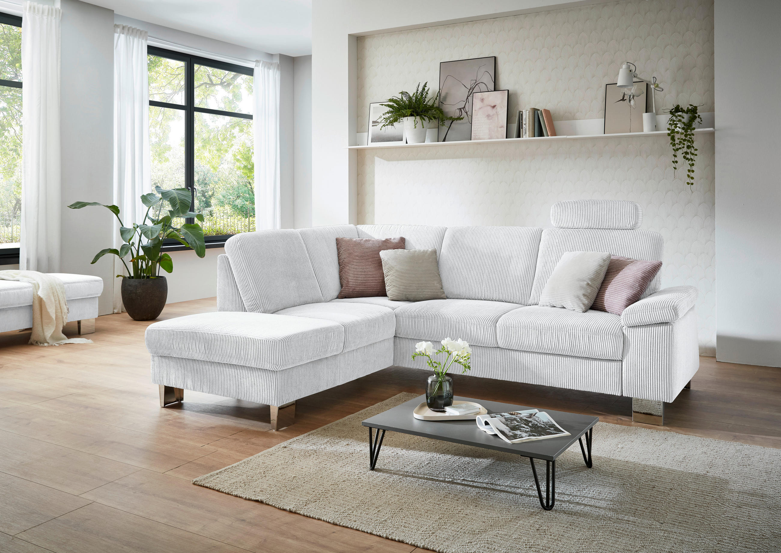ECKSOFA in Cord Silberfarben  - Edelstahlfarben/Silberfarben, Konventionell, Textil/Metall (200/248cm) - Beldomo System