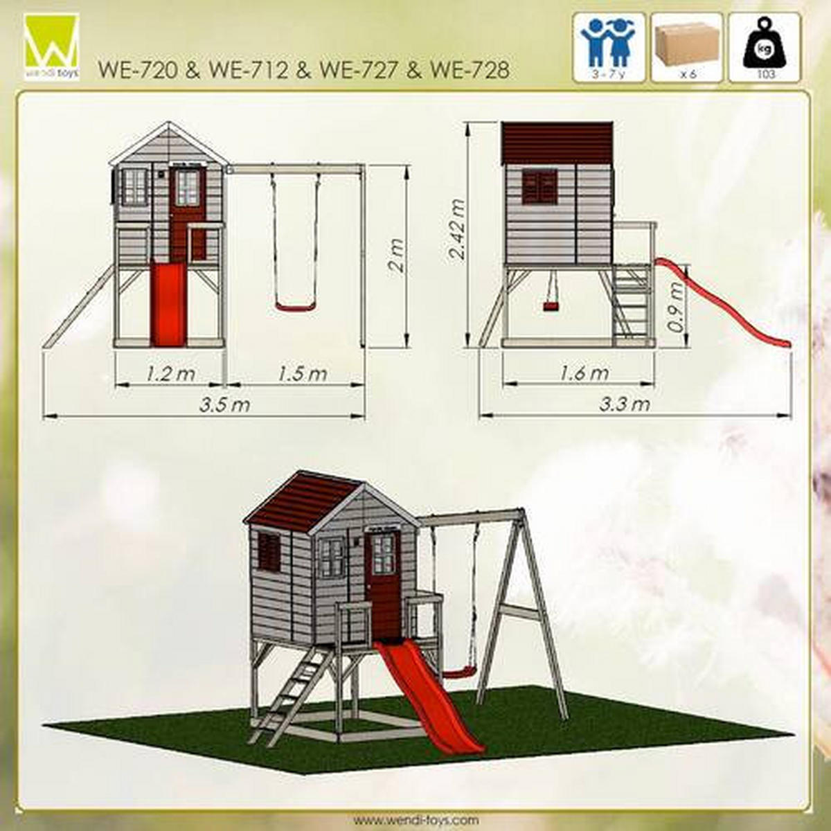 SPIELHAUS 350/242/290 cm  - Rot/Naturfarben, KONVENTIONELL, Holz (350/242/290cm) - Ambia Garden
