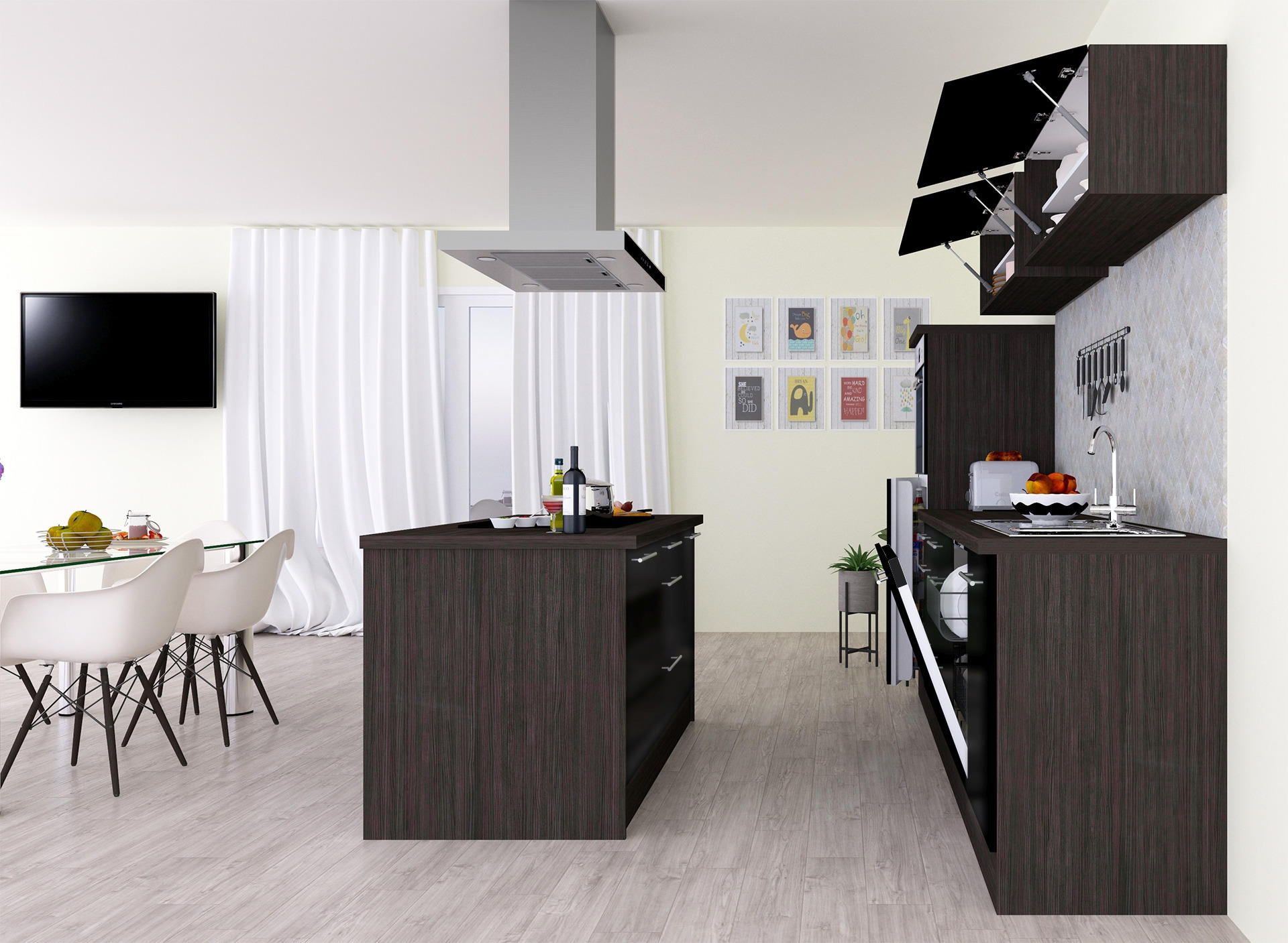 KÜCHENBLOCK 280/160 cm Grau, Schwarz E-Geräte, Spüle, Soft-Close-System, Geschirrspülerblende, Dunstabzug, Ab- und Überlaufgarnitur, Herdanschlusskabel   - Eichefarben/Schwarz, Basics, Metall (280/160cm) - Respekta