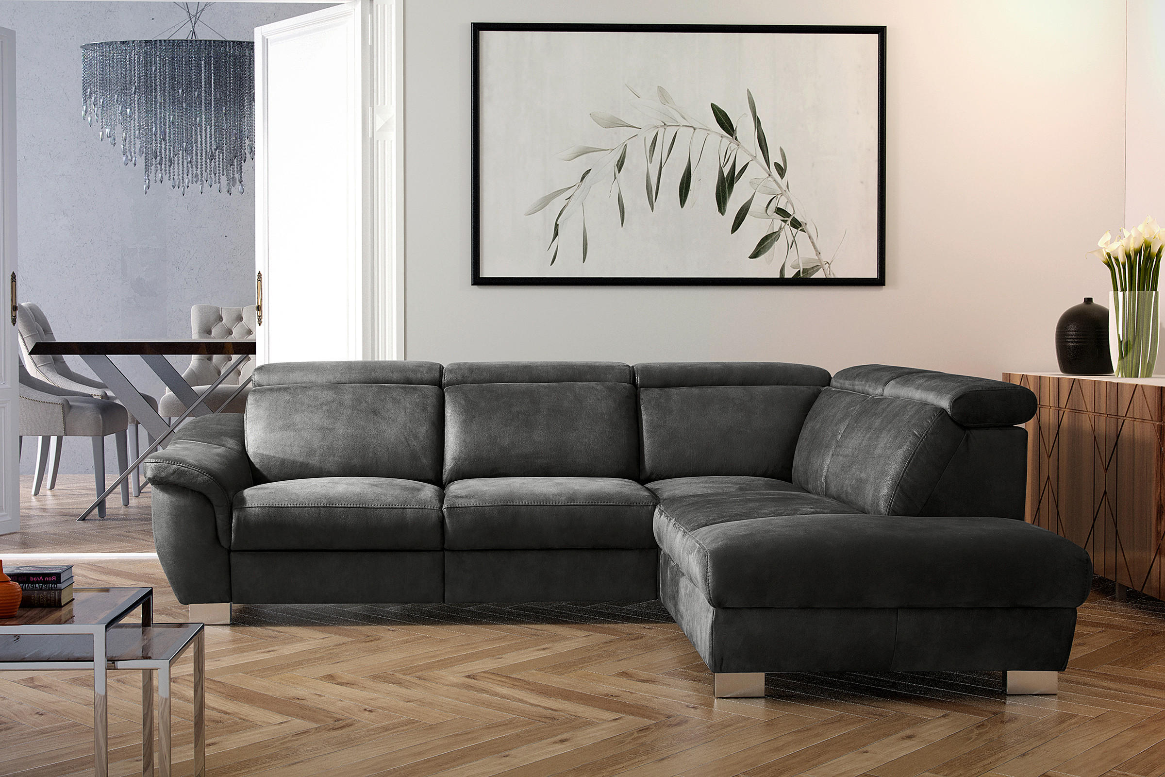 ECKSOFA Anthrazit Mikrofaser Rücken echt, Relaxfunktion, Kopfteilverstellung  - Chromfarben/Anthrazit, Design, Textil/Metall (276/238cm) - Livetastic