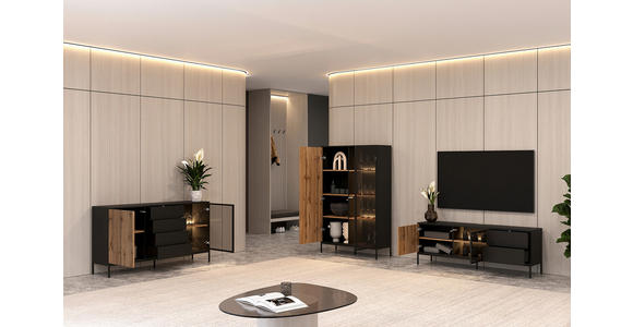SIDEBOARD  153,6/83/38 cm 4 Schublade(n)  - Eiche Wotan/Schwarz, KONVENTIONELL, Glas/Holzwerkstoff (153,6/83/38cm) - Xora