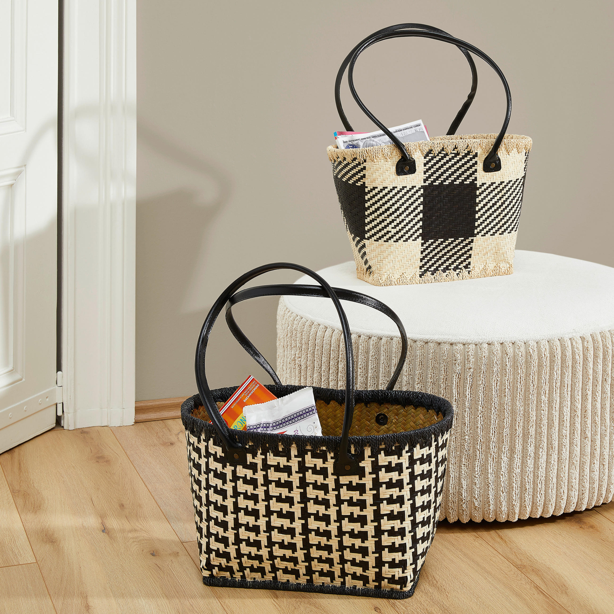 EINKAUFSKORB 18 L  - Schwarz/Naturfarben, Trend, Naturmaterialien/Textil (38/19-29/15-28cm) - Ambia Home