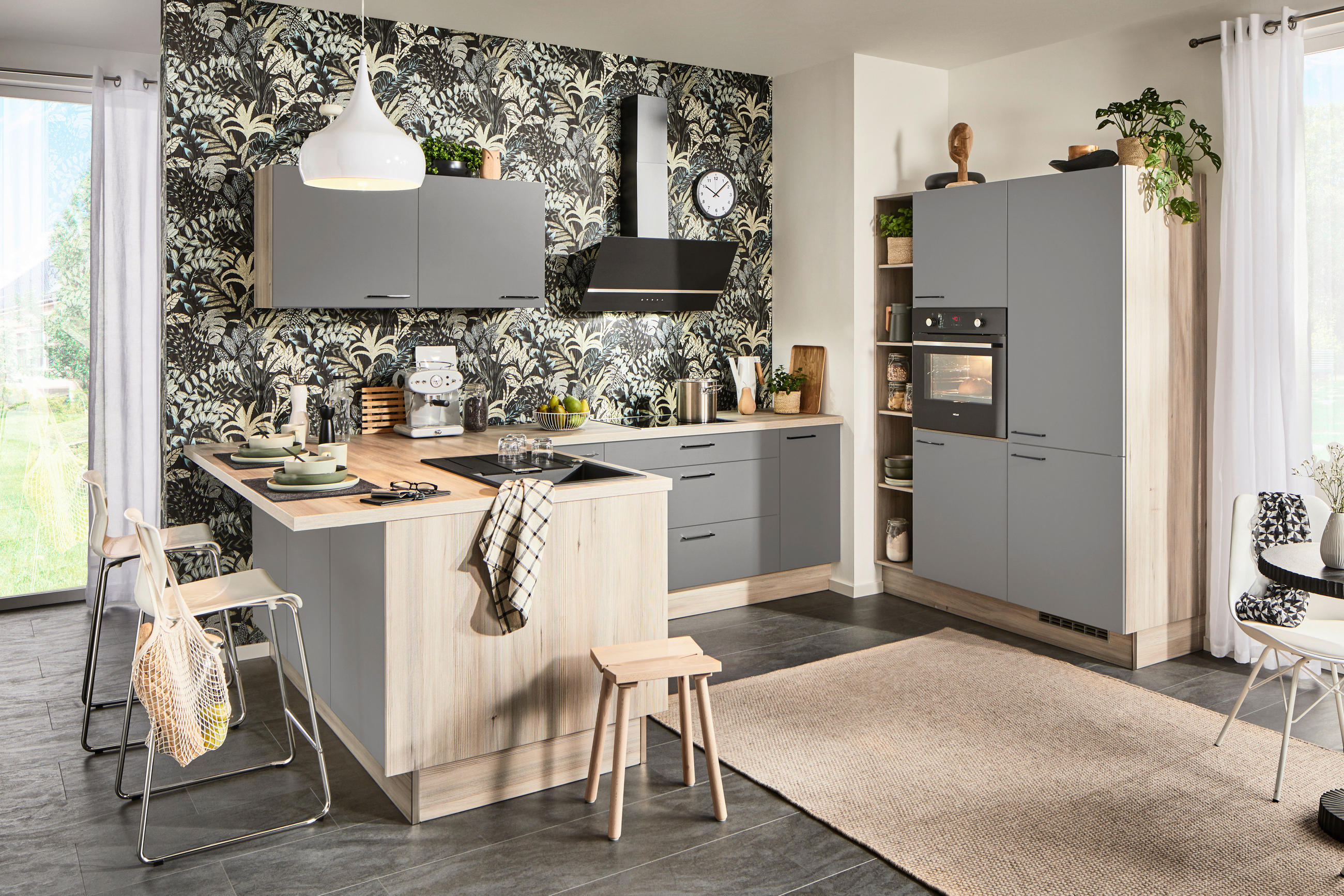 ECKKÜCHE  in Grau, Hellbraun  - Hellbraun/Schwarz, Design, Holzwerkstoff/Metall (192/280/150cm) - Xora