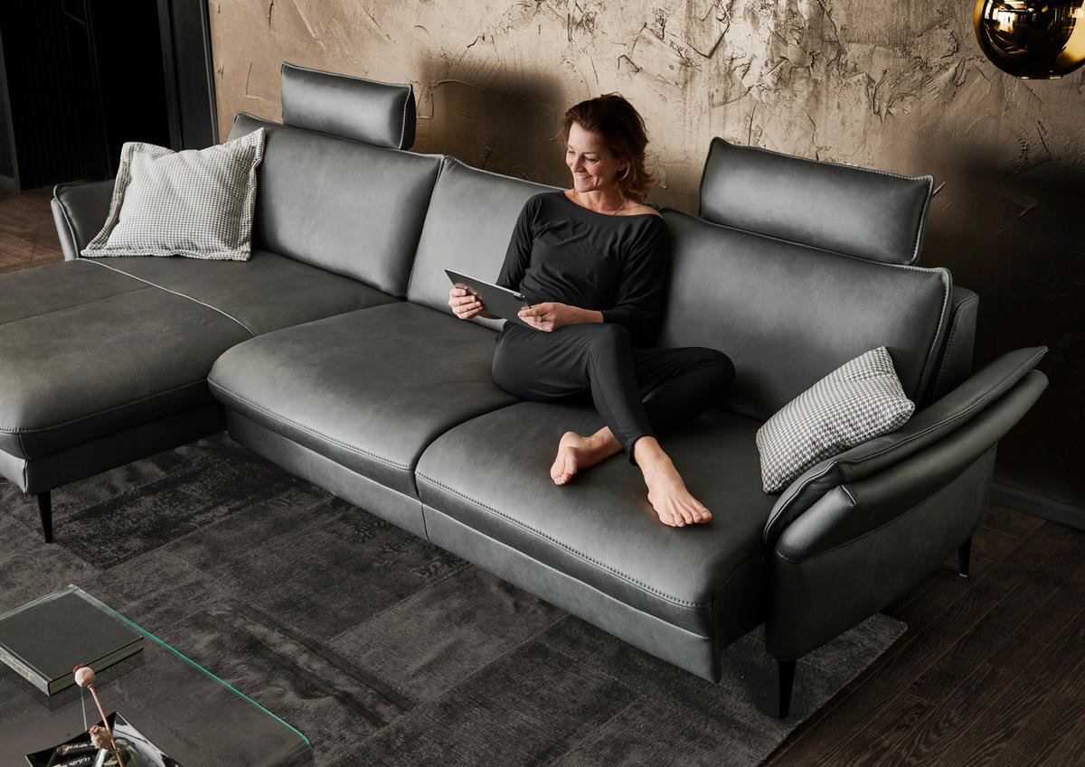 ECKSOFA in Echtleder Anthrazit  172/334 cm  - Anthrazit/Schwarz, Design, Leder/Metall (172/334cm) - Hukla