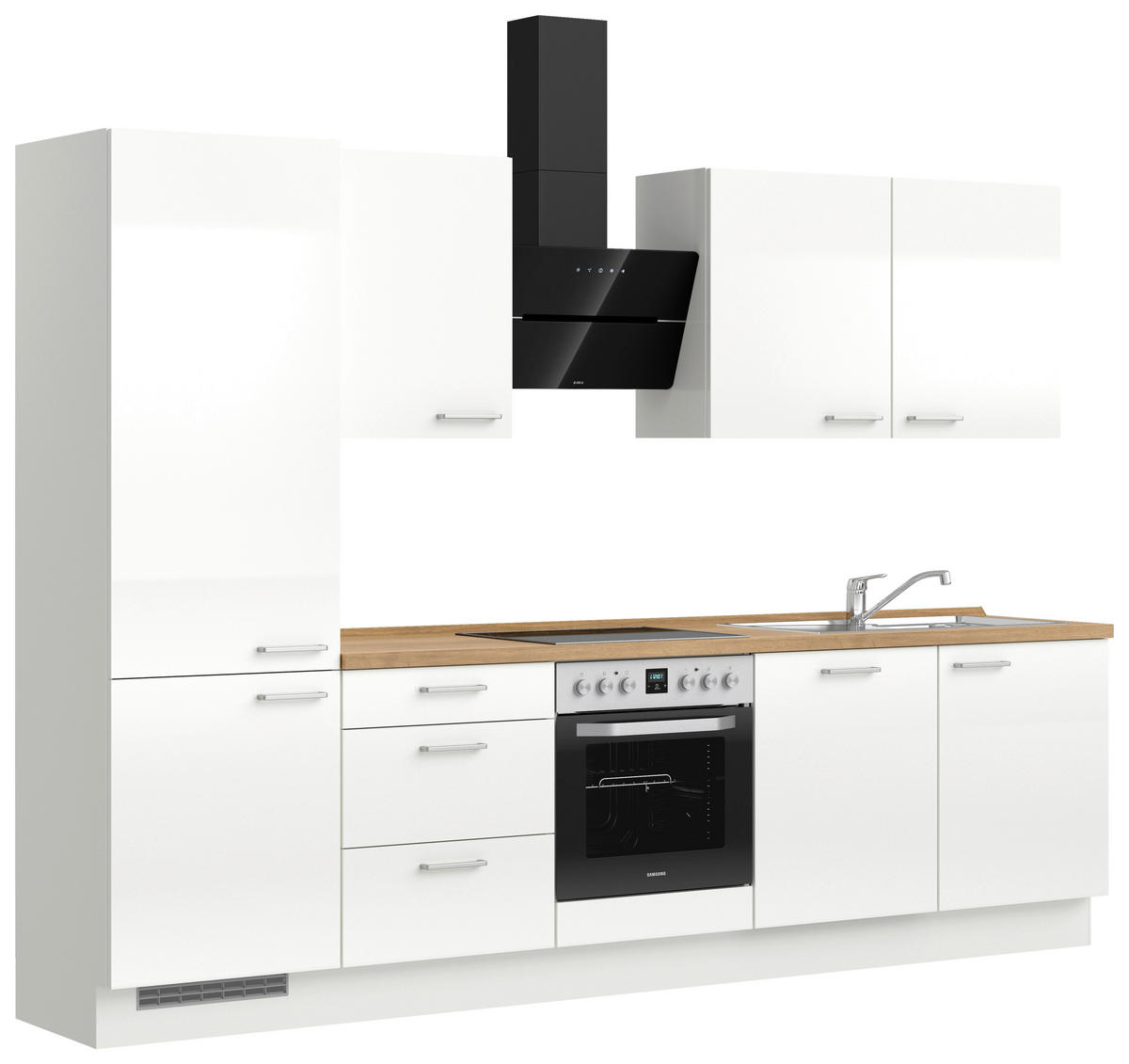 KÜCHENLEERBLOCK 300 cm   in Eichefarben, Weiß Hochglanz  - Edelstahlfarben/Eichefarben, MODERN, Holzwerkstoff/Metall (300cm) - Nobilia