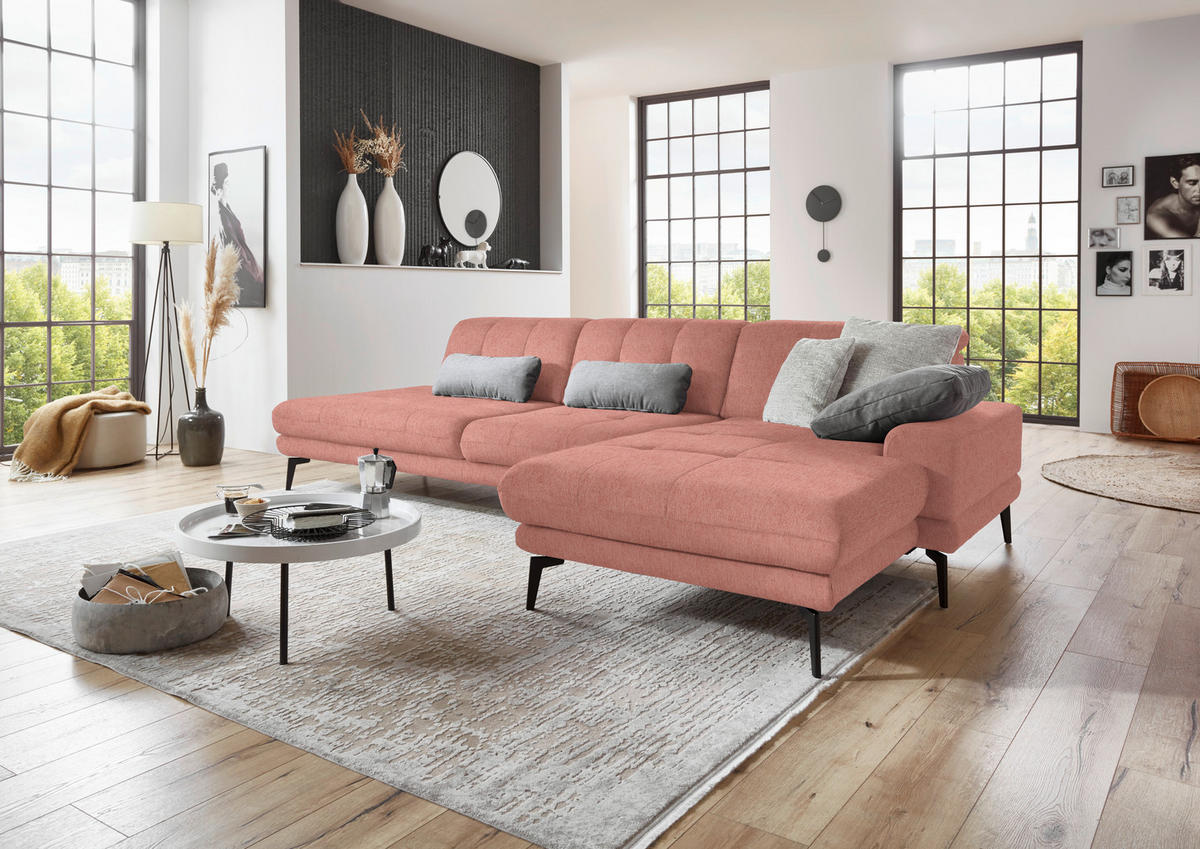 ECKSOFA in Flachgewebe Altrosa  - Schwarz/Altrosa, Design, Textil/Metall (309/190cm) - Beldomo Style