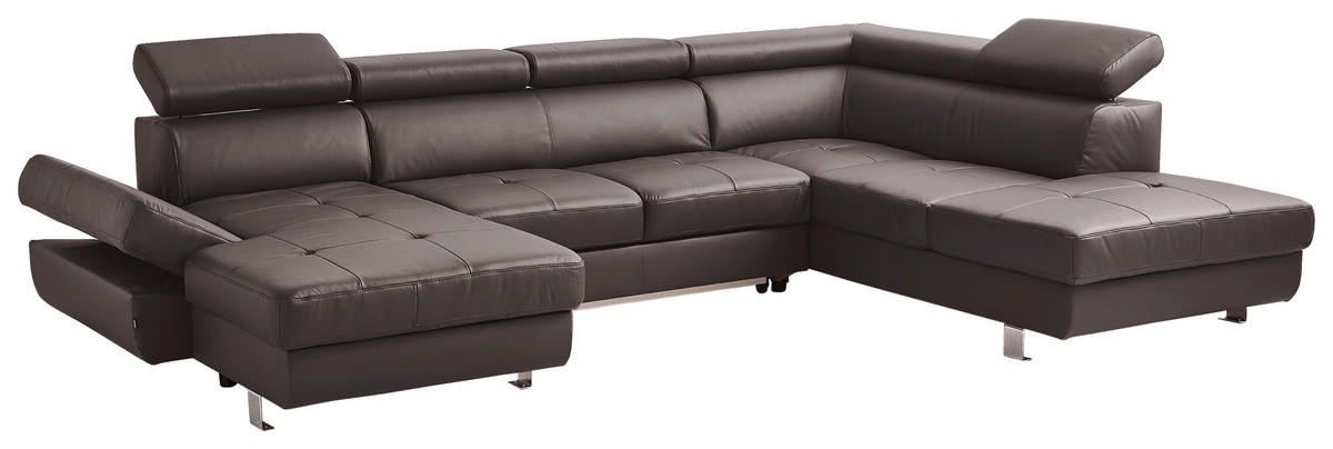 WOHNLANDSCHAFT Dunkelbraun Kombination Echtleder/Lederlook Lederlook  - Chromfarben/Dunkelbraun, Design, Leder/Textil (157/334/212cm) - Stylife