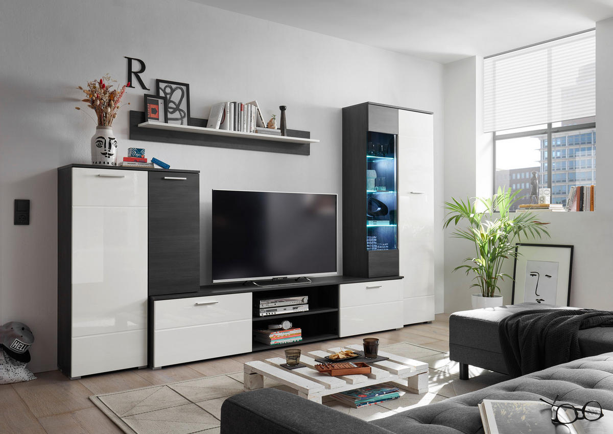 OBÝVACIA STENA, biela s vysokým leskom, antracitová - biela s vysokým leskom/antracitová, Konventionell, kompozitné drevo/plast (312/190cm) - MID.YOU