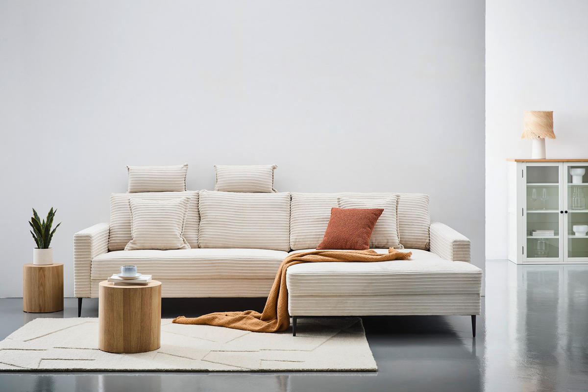 ECKSOFA Creme Cord  - Creme/Schwarz, KONVENTIONELL, Textil/Metall (276/173cm) - Carryhome