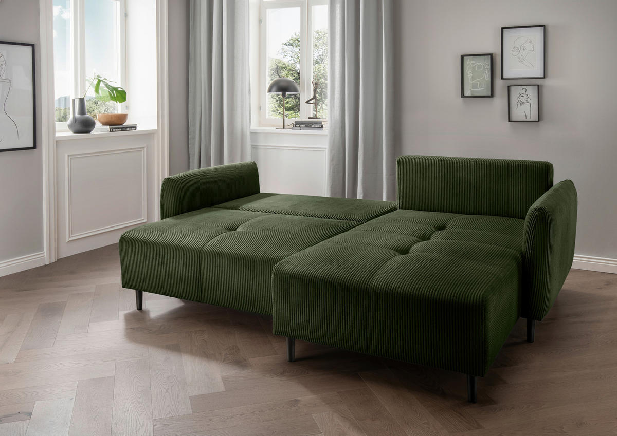 ECKSCHLAFSOFA in Cord Dunkelgrün  - Dunkelgrün/Schwarz, Basics, Holz/Textil (238/174cm) - Livetastic
