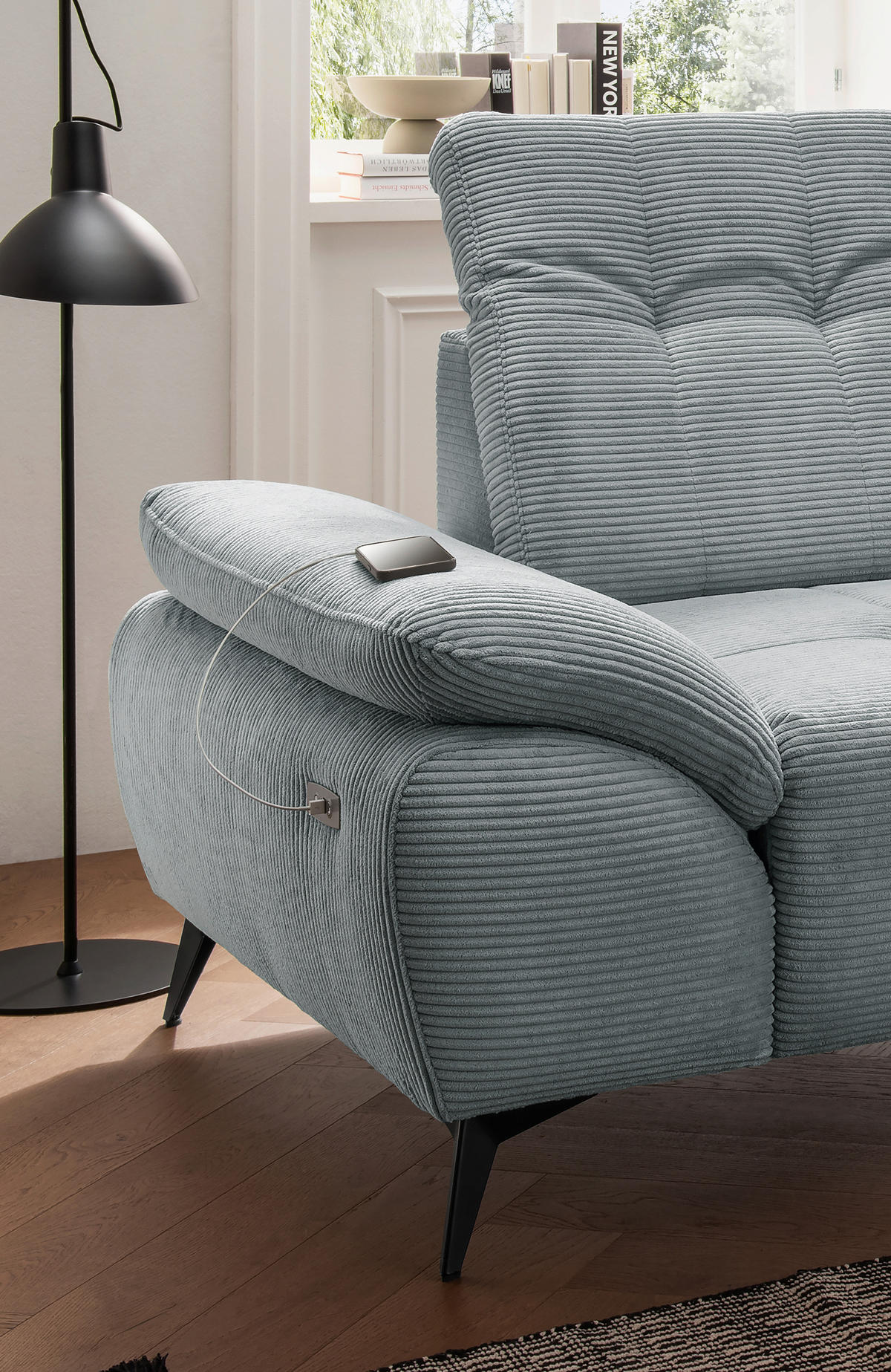 ECKSOFA FIORE in Cord Hellblau Kopfteilverstellung, Sitzvorzug  280/180 cm  - Schwarz/Hellblau, MODERN, Textil/Metall (280/180cm) - Livetastic