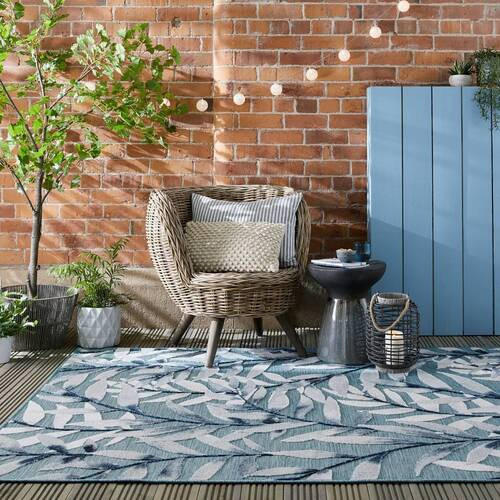 Thumbnail - Xora Webteppich Plaza Outdoor, Blau, Textil, Blätter, rechteckig, 160x230 cm, Reach, AZO-frei, UV-beständig, schmutzabwe...